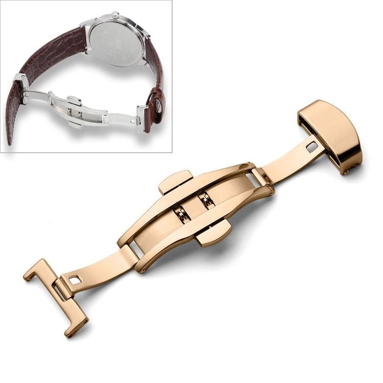 Watch Leather Wrist Strap Butterfly Buckle 316 Stainless Steel Double Snap, Size: 18mm (Rose Gold)