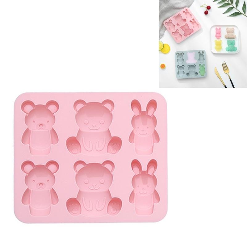 6 PCS Cute Cartoon Animal Shape Silicone Chocolate Mold Baking Cake Mold Ice Tray (Pink)