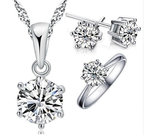 3 in 1 Classic Female Zircon Six-Claw Pendant Earring Ring Jewelry Set