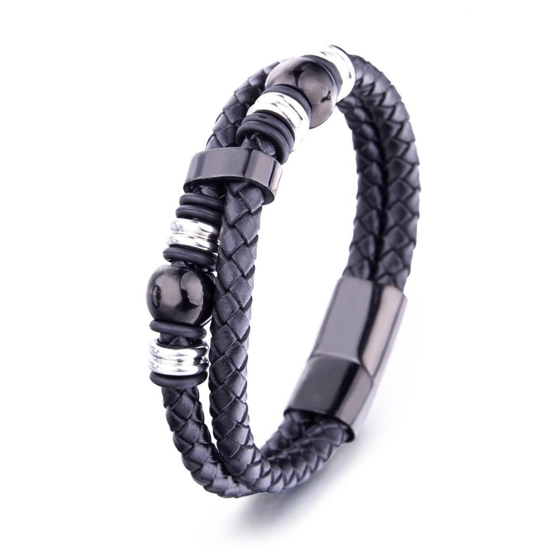 Mens Fashion Jewelry Dual Row Weave Braided Wristband Leather Bracelet, Size: 21.5cm (Black)