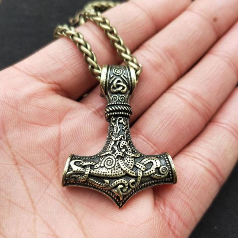 Mjolnir Pendant Viking Protective Talisman Hammer Necklace (Bronze Pendant with Gold Metal Chain)