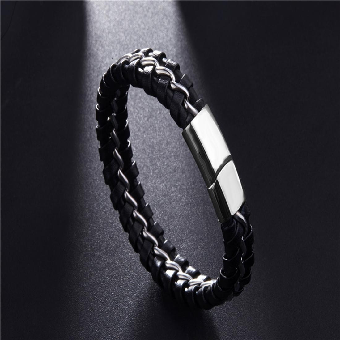 Mens Fashion Jewelry Punk Wristband Braided Leather Bracelet, Size: 21.5cm (Silver)