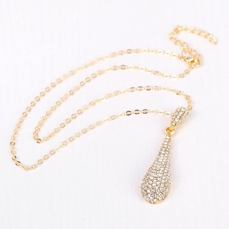 3 in 1 PCS Women Simple Alloy Full Rhinestone Drop Long Pendant Necklace Earrings Jewelry Set (Gold)