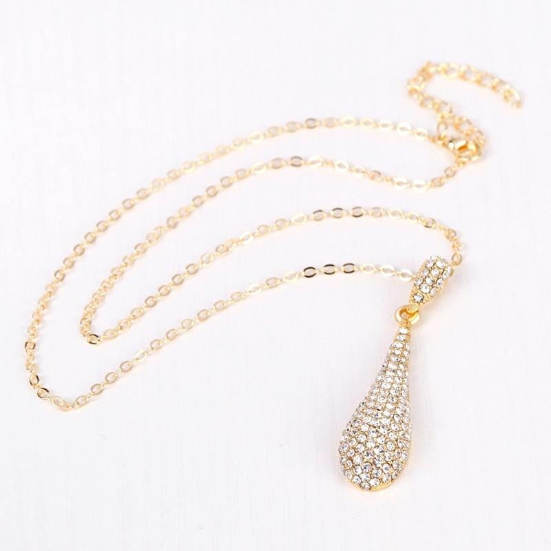 3 in 1 PCS Women Simple Alloy Full Rhinestone Drop Long Pendant Necklace Earrings Jewelry Set (Gold)