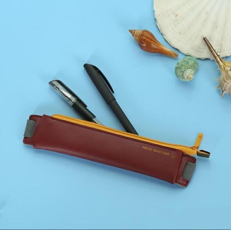 2 PCS Business PU Pencil Case Simple Office Elastic Buckle Student Book Mini Pencil Box (Wine  Red)