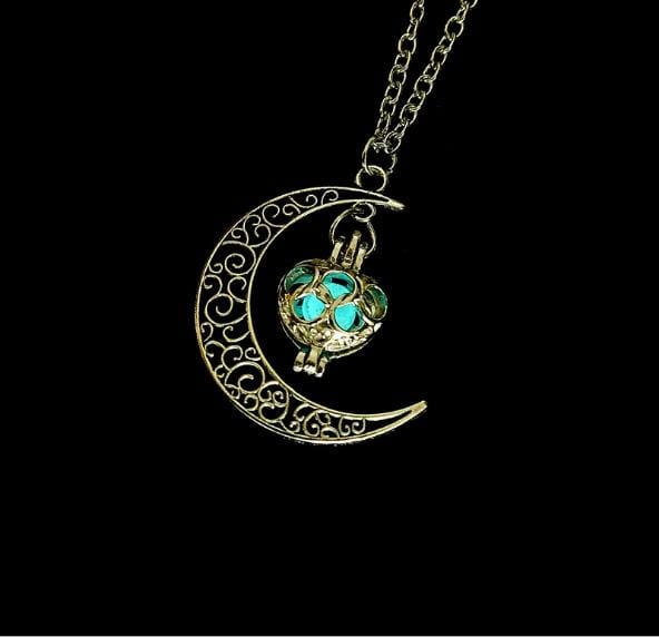 Women Moon Glowing Luminous Gem Charm Necklace Jewelry (Blue)