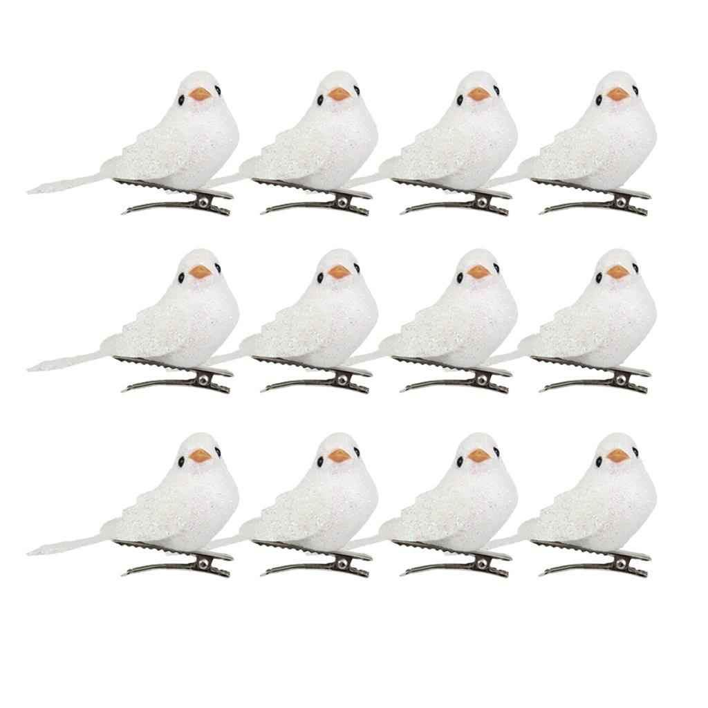 12Pcs Artificial Mini Decorative Bling Foam Birds for Crafts Garden White