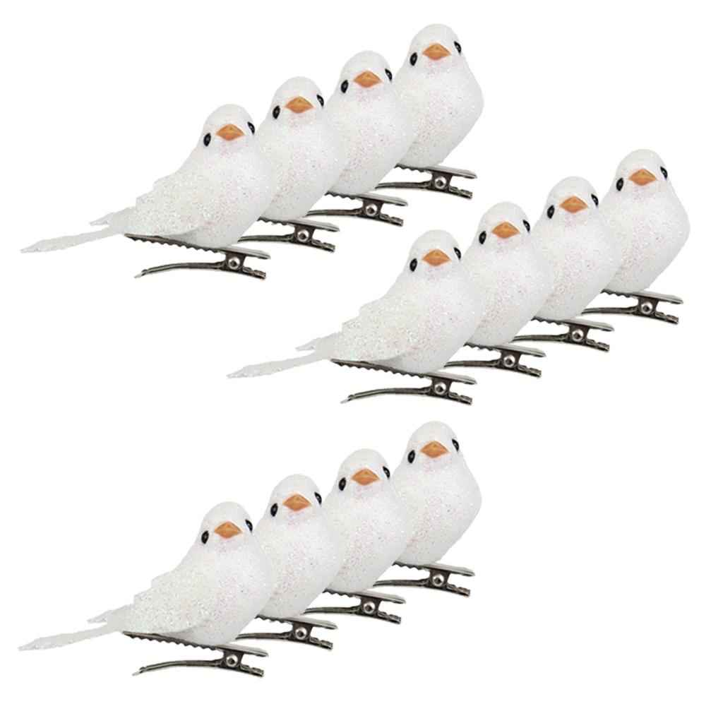 12Pcs Artificial Mini Decorative Bling Foam Birds for Crafts Garden White