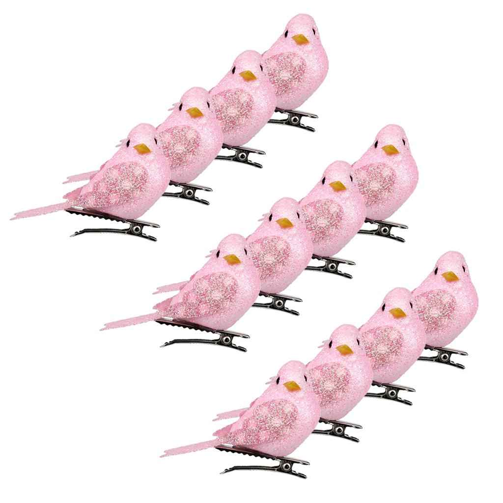 12Pcs Artificial Mini Decorative Bling Foam Birds for Crafts Garden Pink