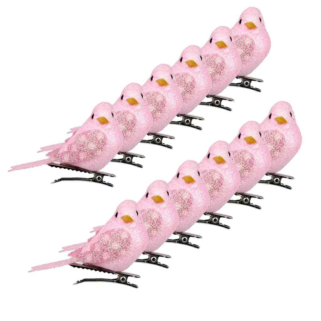 12Pcs Artificial Mini Decorative Bling Foam Birds for Crafts Garden Pink