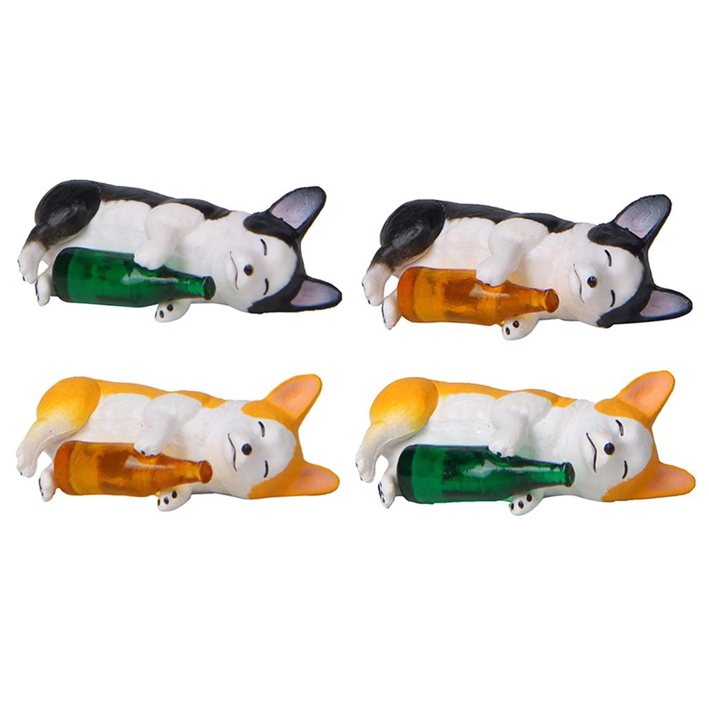 4xHolding Winebottle Mini Corgi Huskie Dog Figurine Decor Yellow Bottle Corgi