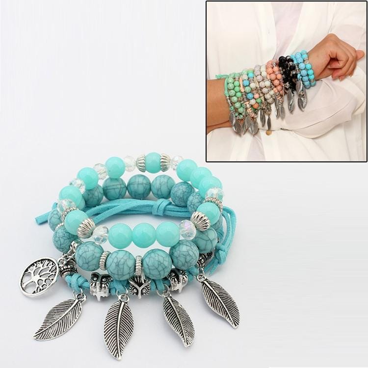 Vintage Ethnic Elasticity Marble Beads Bracelet Boho Leaves Bangle Bracelet (Blue)