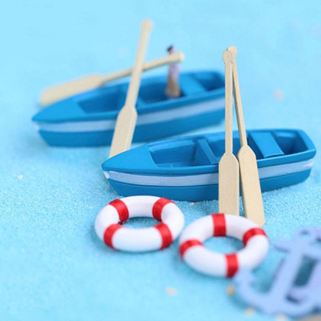 2xDIY Resin Model Small Blue Boat with Paddles for Microlandschaft Decoration