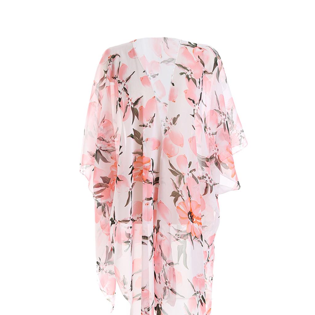 Boho Style Women Chiffon Cover Up Kimono Cardigan Short Sleeve Top Pink