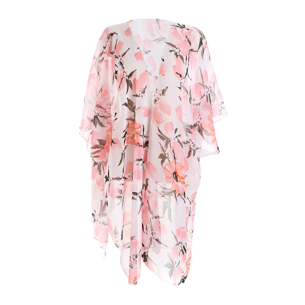 Boho Style Women Chiffon Cover Up Kimono Cardigan Short Sleeve Top Pink