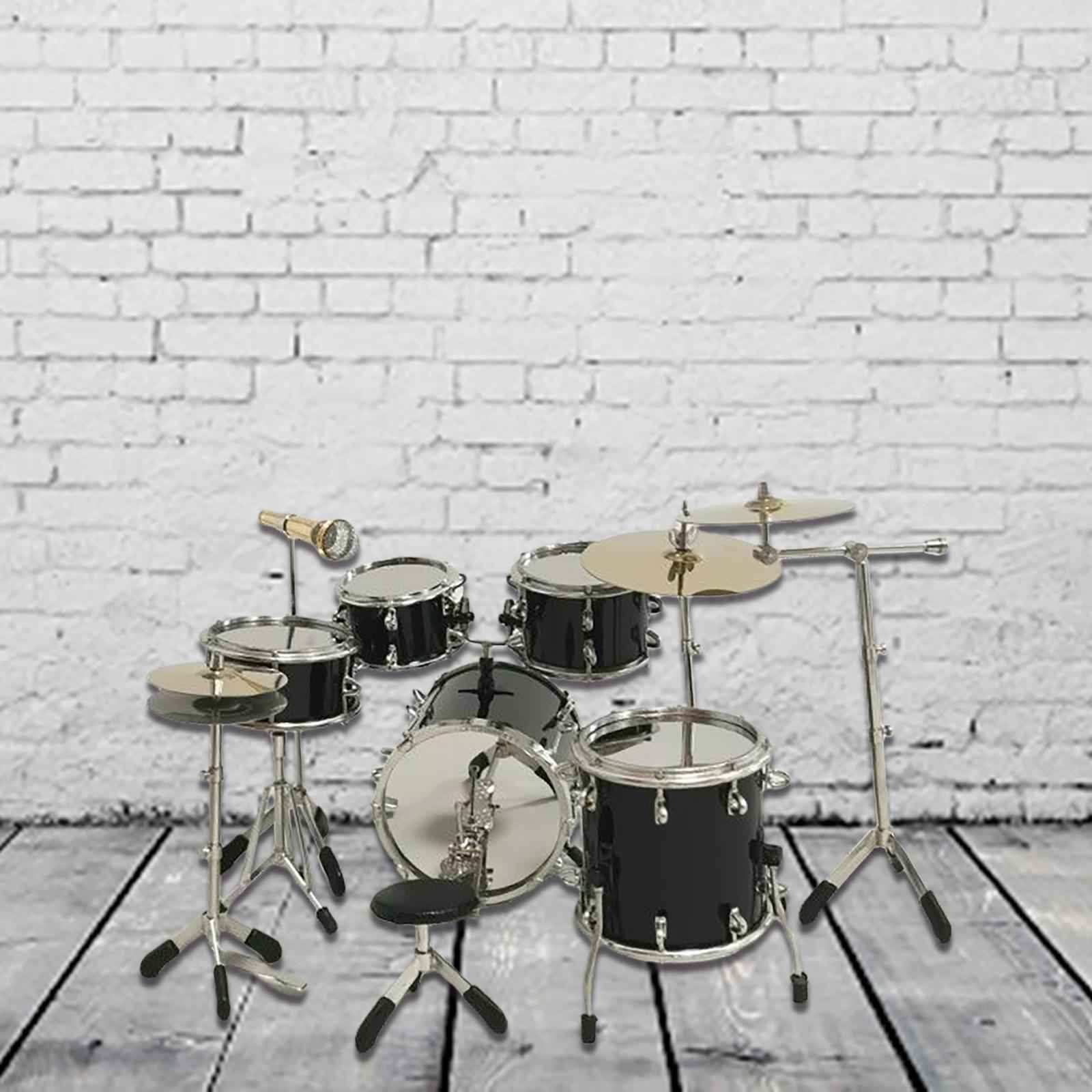 8x Realistic Mini Drum Set Music Instrument Accessories for Dollhouse Black