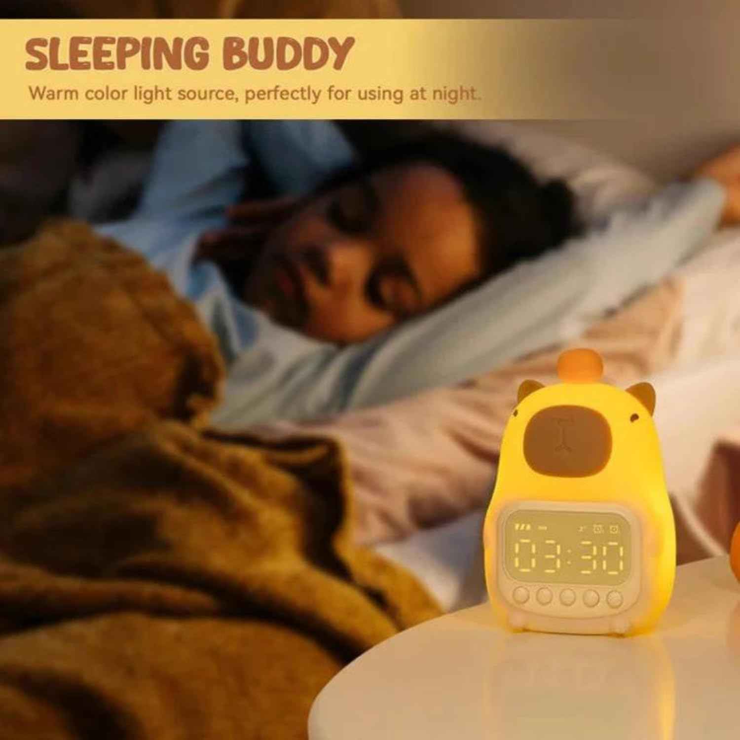 Bear Style Digital Bedside Clock with LED display, night lamp, snooze alarm, timer, and temperature function – suitable for kids’ rooms and home décor.