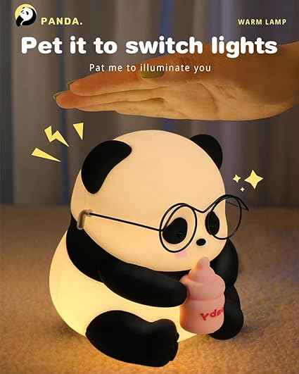 Panda LED Night Light with glasses and bottle design—soft silicone, rechargeable, and portable for kids’ rooms, nurseries, or baby shower gifts.