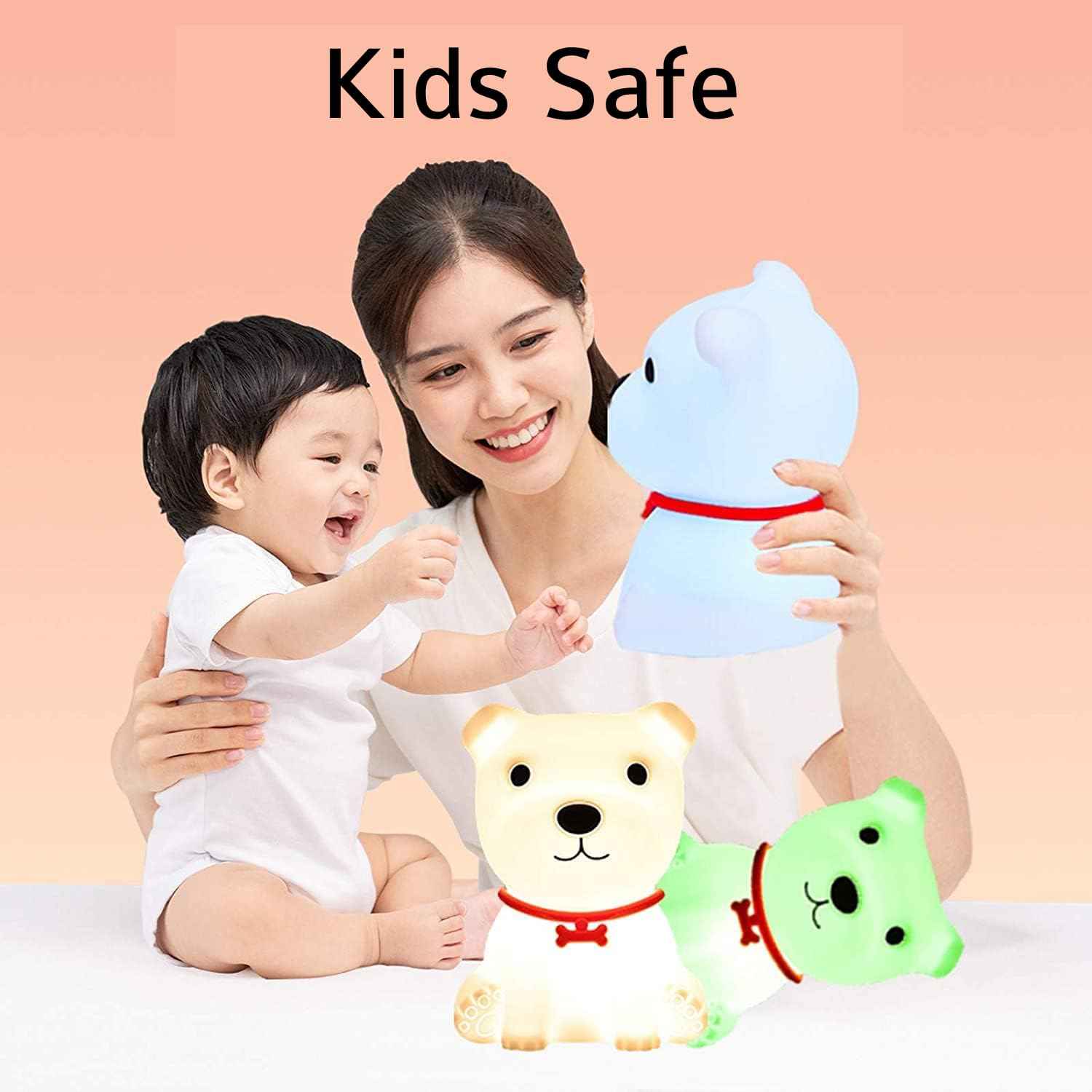 Color-Changing Puppy Night Light with soft silicone and USB recharge—suitable for kids, adults, and pet enthusiasts.