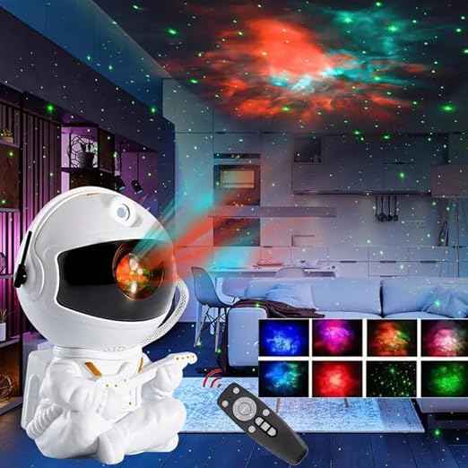 360° Rotating Astronaut Star Projector with remote control, timer, and adjustable LED head—perfect for bedrooms, home décor, and parties.