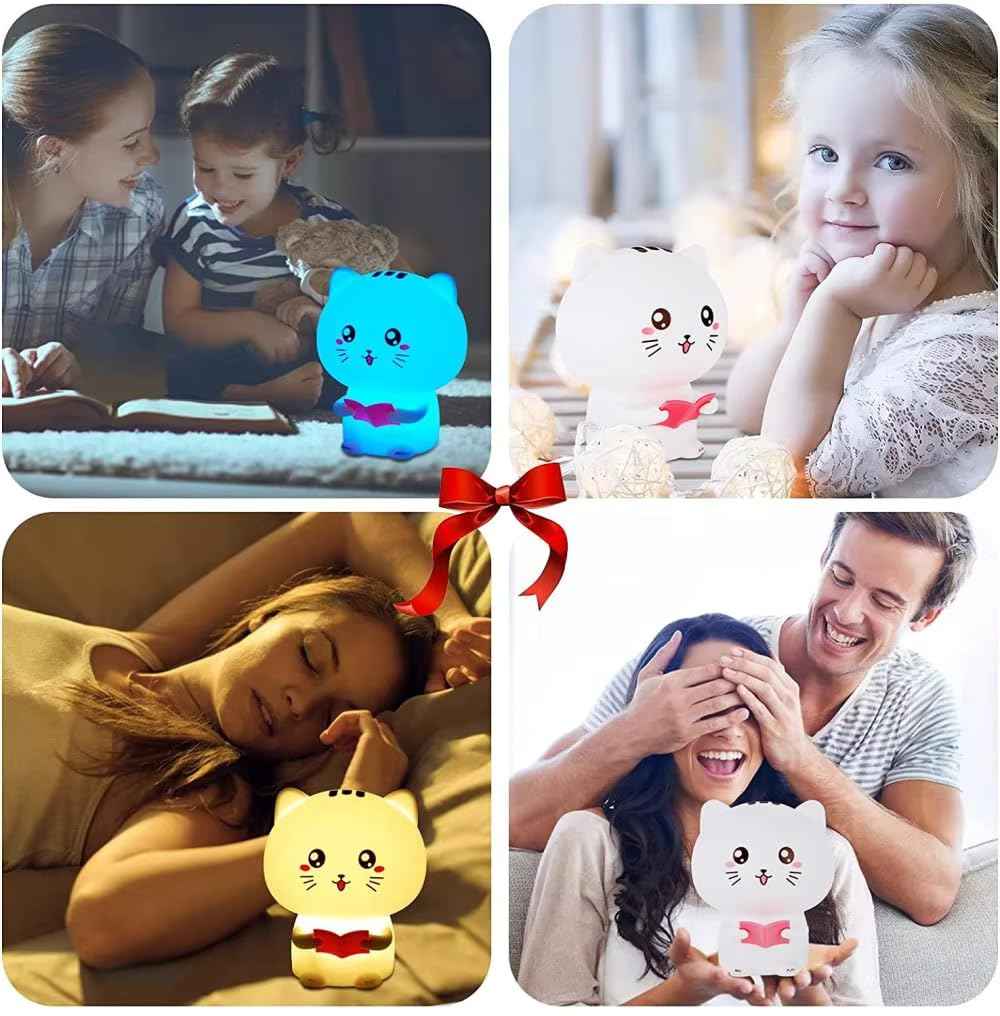 Reading Cat Silicone Night Lamp with cozy LED light—rechargeable, perfect for kids’ bedrooms, nurseries, or as a romantic or Valentine’s gift.