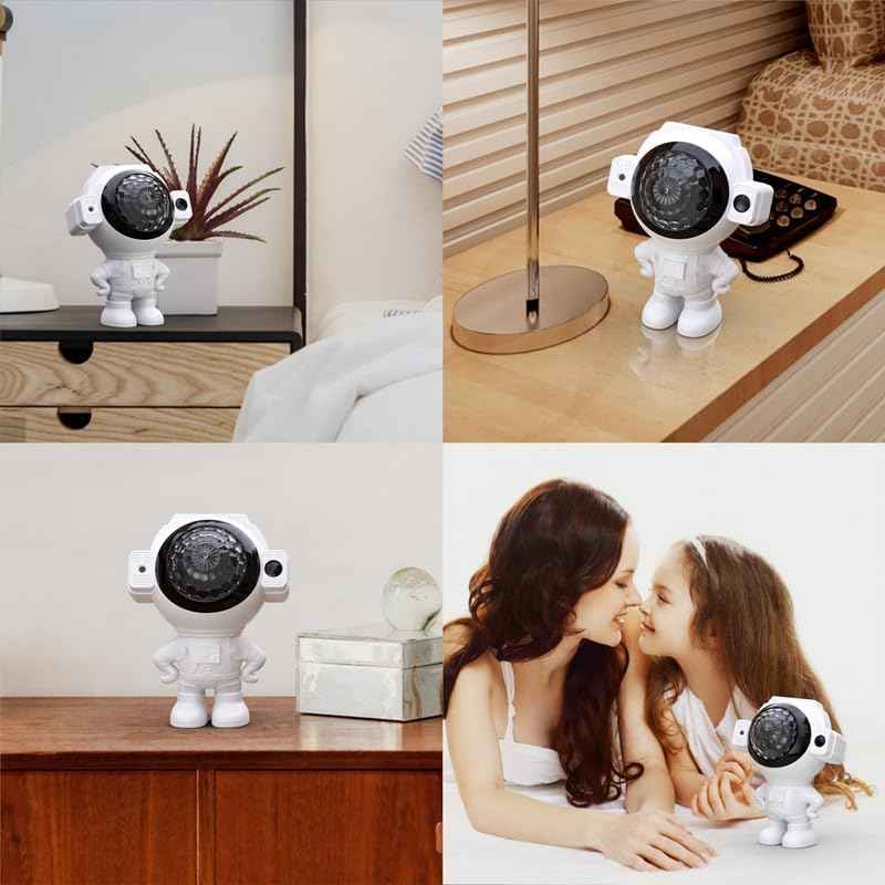 Astronaut Star Projector with dual 4W LEDs, 180° moon, star & cloud projection, Bluetooth, voice/music modes, remote control, USB powered.