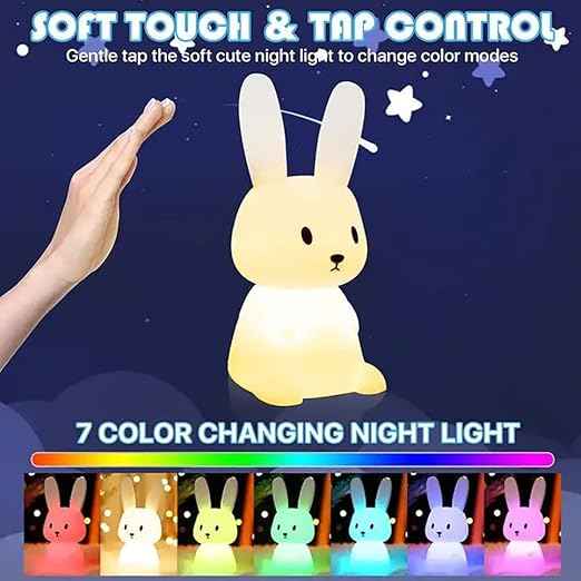 Cute Rabbit Silicone Night Lamp with 7-color LED lighting, tap touch control, and USB recharge—ideal for baby and toddler bedrooms.