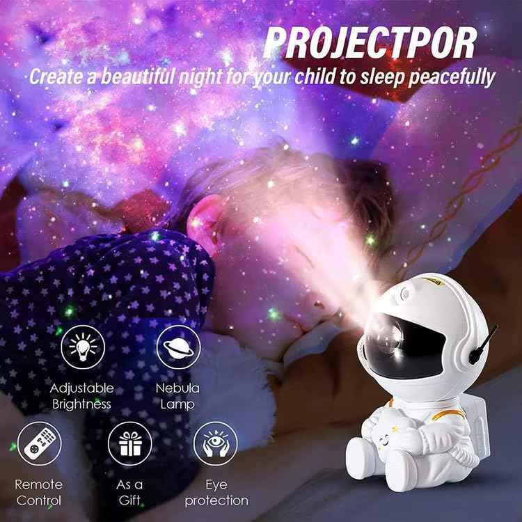 Astronaut LED Galaxy Projector Lamp with rotating 360° nebula stars, remote control, timer, and adjustable head – great for kids’ bedrooms, toys, and home decoration.