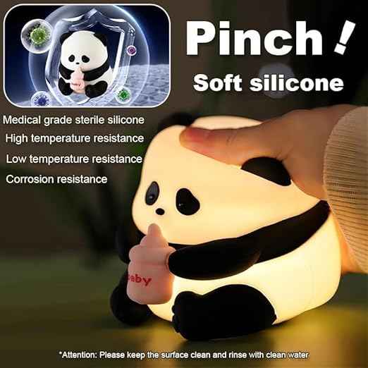 Panda LED Night Light with glasses and bottle design—soft silicone, rechargeable, and portable for kids’ rooms, nurseries, or baby shower gifts.