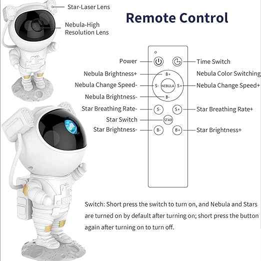 Astronaut Galaxy Projector Night Light with 360° rotating nebula, remote control, timer, and adjustable head—perfect for bedrooms, gaming rooms, and décor.