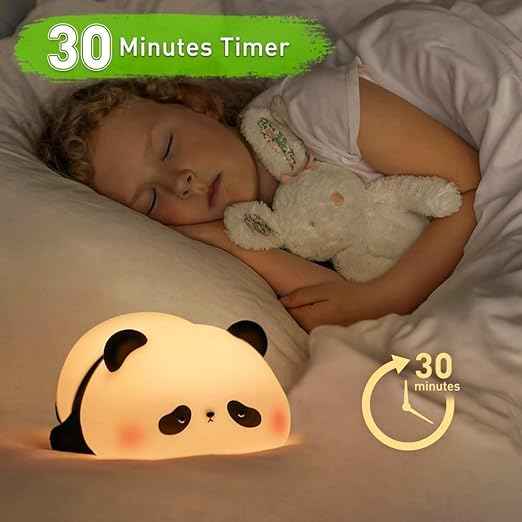 Kids’ Sleeping Panda Touch Night Lamp with soft silicone, rechargeable LED—perfect for bedrooms, romantic décor, or Valentine’s gifts.