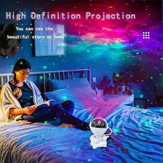Astronaut LED Galaxy Projector Lamp with rotating 360° nebula stars, remote control, timer, and adjustable head – great for kids’ bedrooms, toys, and home decoration.