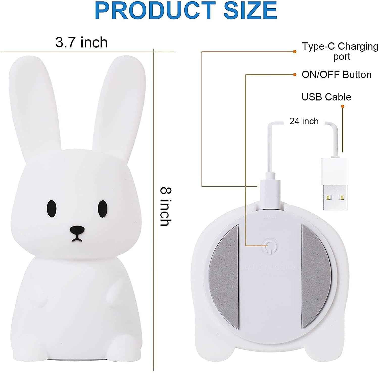 Cute Rabbit Silicone Night Lamp with 7-color LED lighting, tap touch control, and USB recharge—ideal for baby and toddler bedrooms.