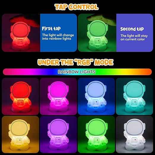 Silicone Astronaut Bedside Lamp with rechargeable battery, RGB color-changing light, touch control, and 8 modes—great for kids’ rooms, nurseries, and gifting.