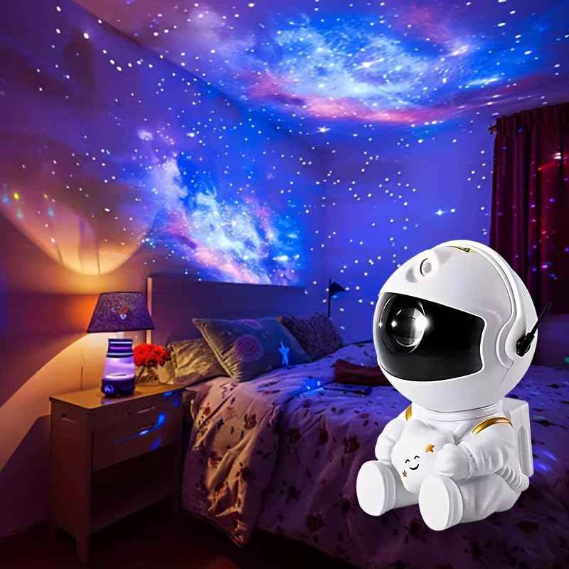Astronaut LED Galaxy Projector Lamp with rotating 360° nebula stars, remote control, timer, and adjustable head – great for kids’ bedrooms, toys, and home decoration.