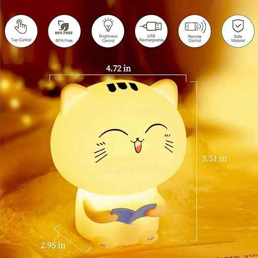 Reading Cat Silicone Night Lamp with cozy LED light—rechargeable, perfect for kids’ bedrooms, nurseries, or as a romantic or Valentine’s gift.