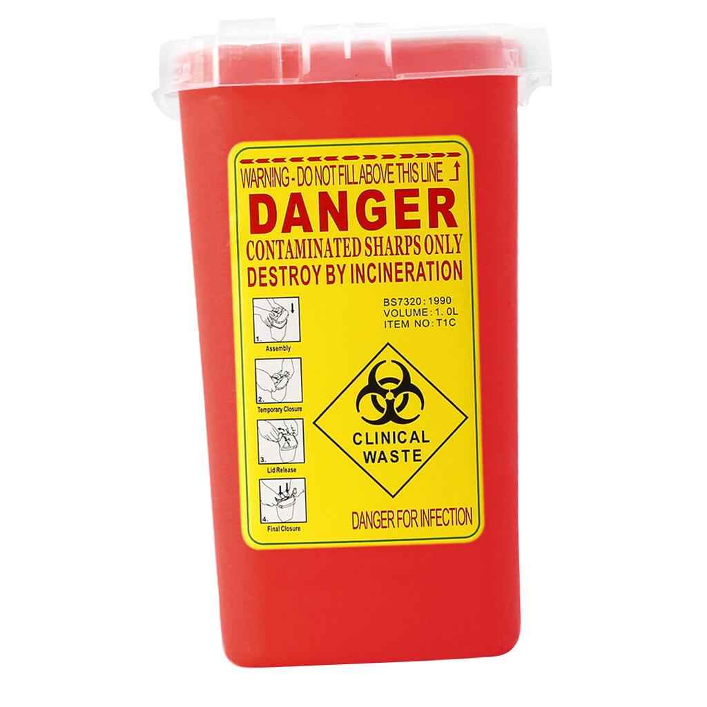 Red Sharps Bin Needle Blade Waste Disposal Container with Locking Lid 1.0L