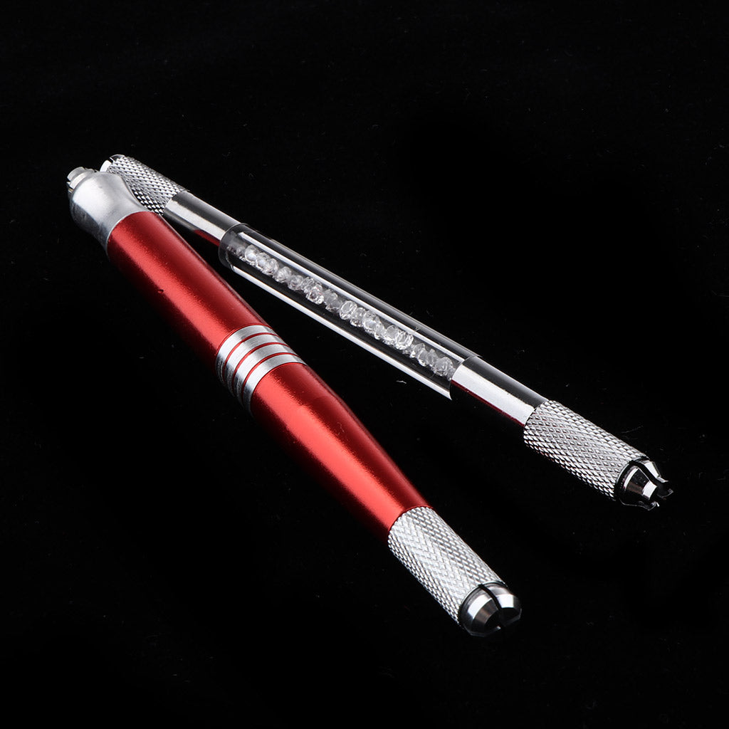 2Pcs Dual Heads Stainless Steel Manual Eyebrow Tattoo Pen Red+Silver