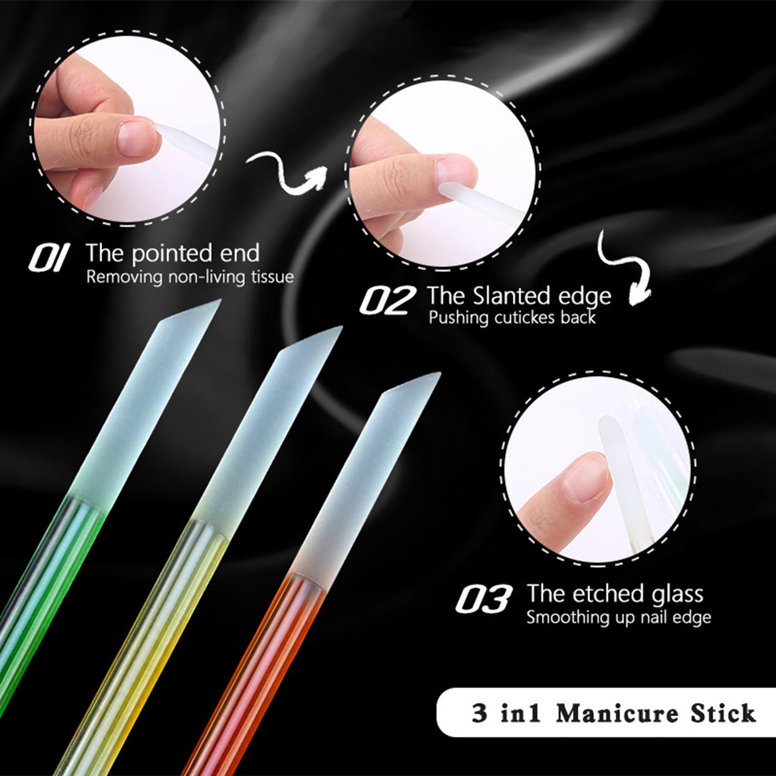 3xDual Ended Glass Cuticle Pusher Manicure Stick Tool Reusable for Nail Salons Green