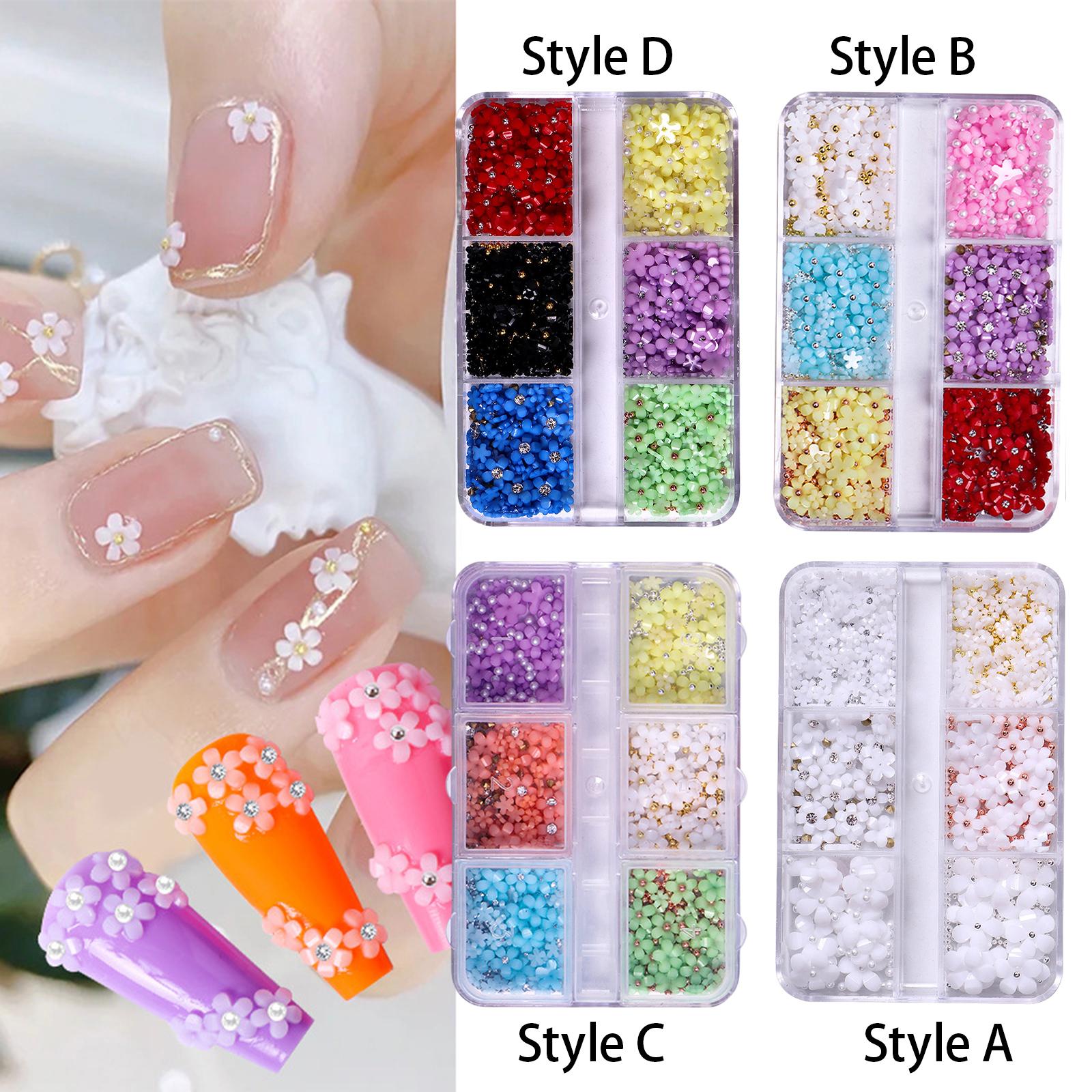 2xMixed 3D Flower Nail Charms 6 Grids Nail Decoration Supplies for Nail Crafts Style A
