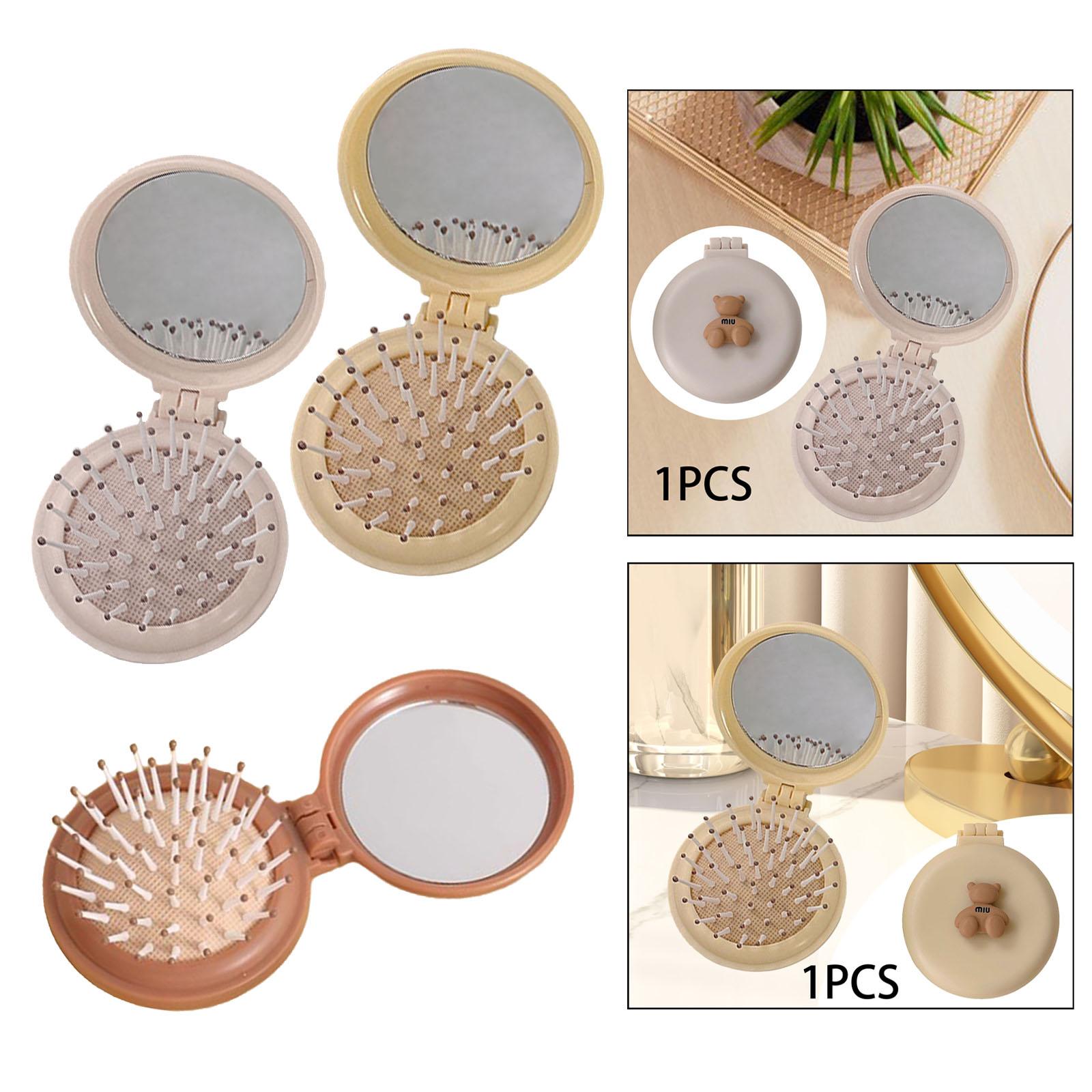 2xFolding Mirror Comb Travel Size Portable Mini Hair Brush for Children Adults Apricot