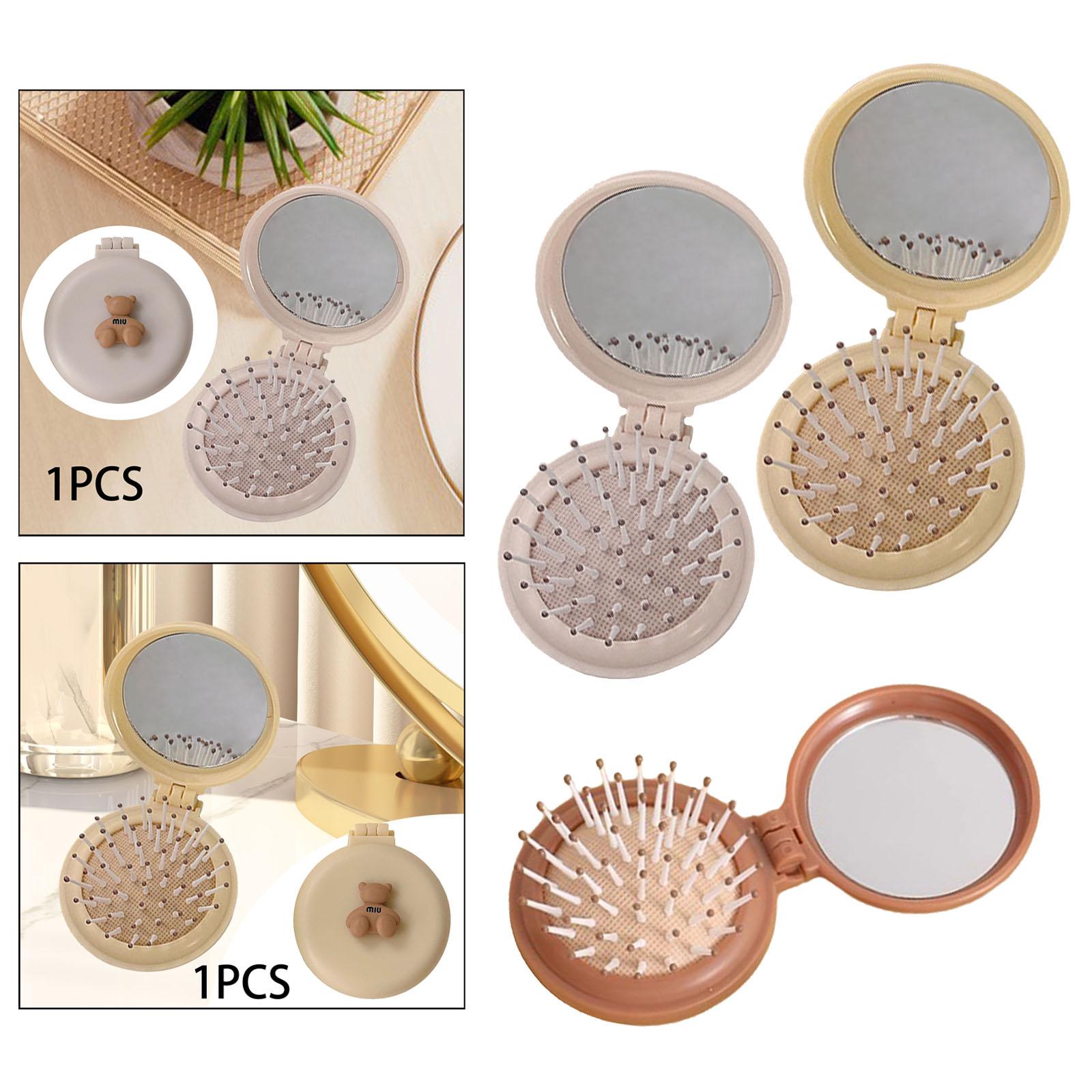 4xFolding Mirror Comb Travel Size Portable Mini Hair Brush for Children Adults Apricot