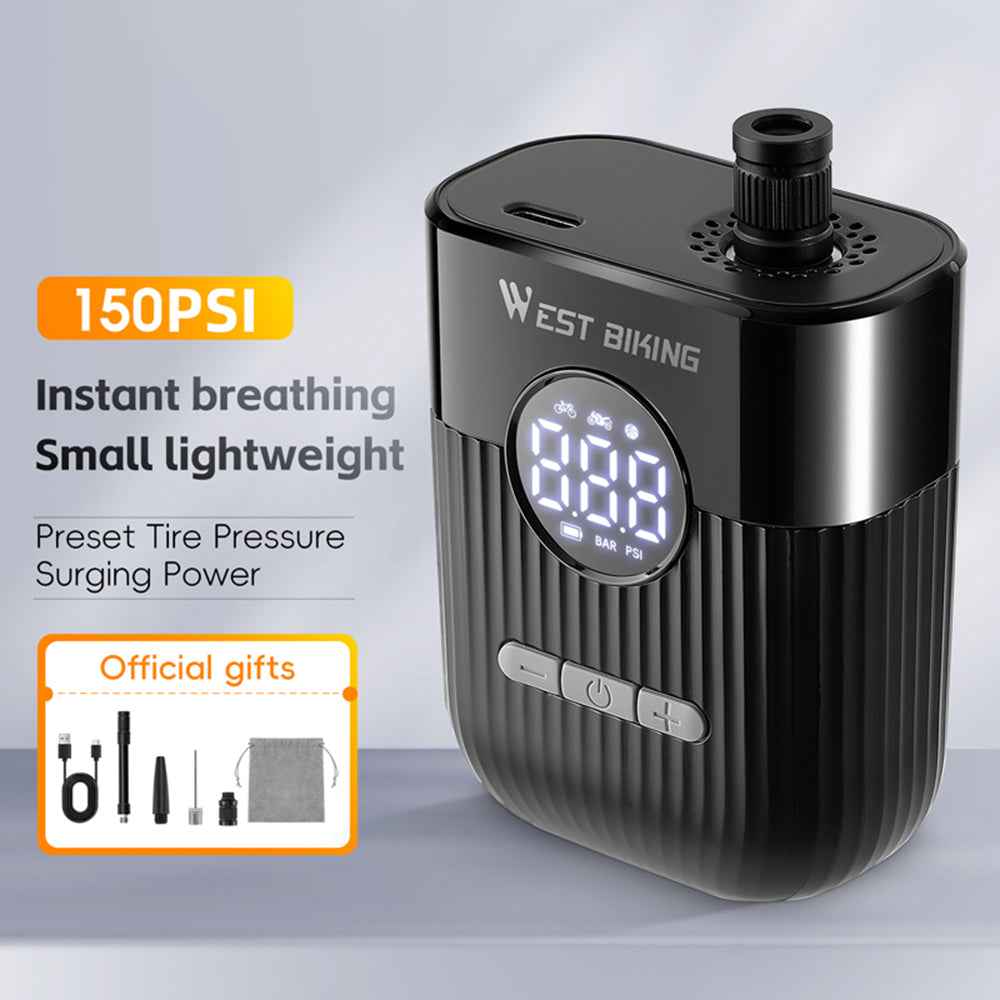 WEST BIKING YP0711201 Electric Air Pump 150PSI Portable Mini Tire Inflator with LED Display for Bicycle Motorcycle - Black