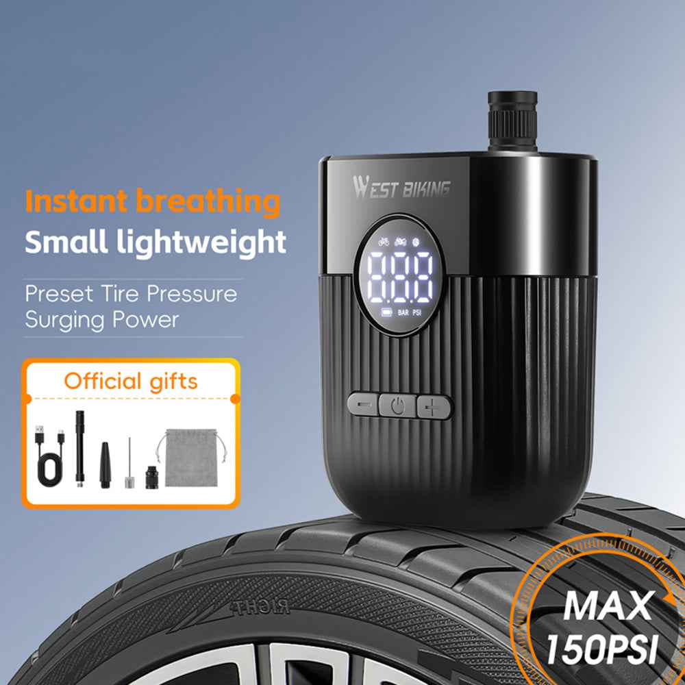 WEST BIKING YP0711201 Electric Air Pump 150PSI Portable Mini Tire Inflator with LED Display for Bicycle Motorcycle - Black
