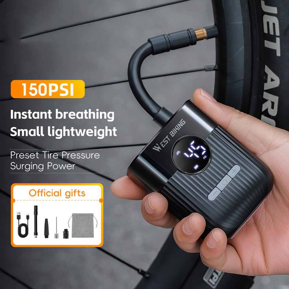 WEST BIKING YP0711201 Electric Air Pump 150PSI Portable Mini Tire Inflator with LED Display for Bicycle Motorcycle - Black