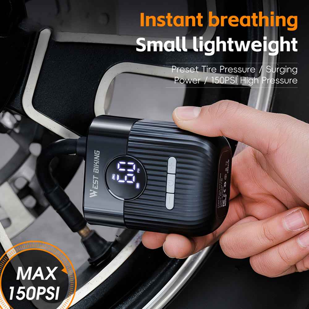 WEST BIKING YP0711201 Electric Air Pump 150PSI Portable Mini Tire Inflator with LED Display for Bicycle Motorcycle - Black