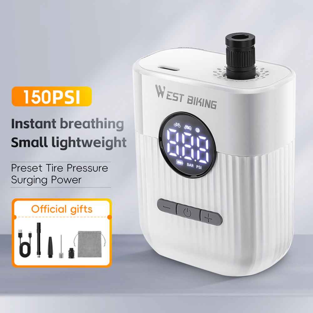 WEST BIKING YP0711201 Electric Air Pump 150PSI Portable Mini Tire Inflator with LED Display for Bicycle Motorcycle - White