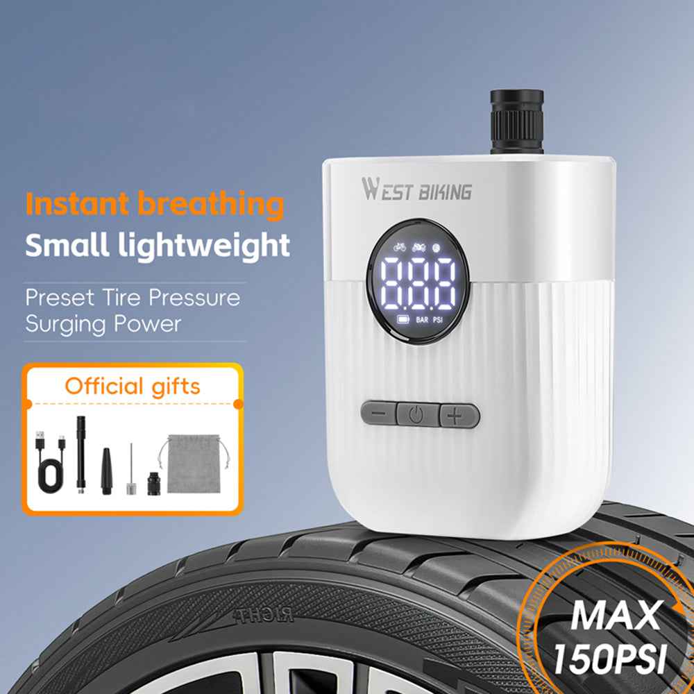 WEST BIKING YP0711201 Electric Air Pump 150PSI Portable Mini Tire Inflator with LED Display for Bicycle Motorcycle - White
