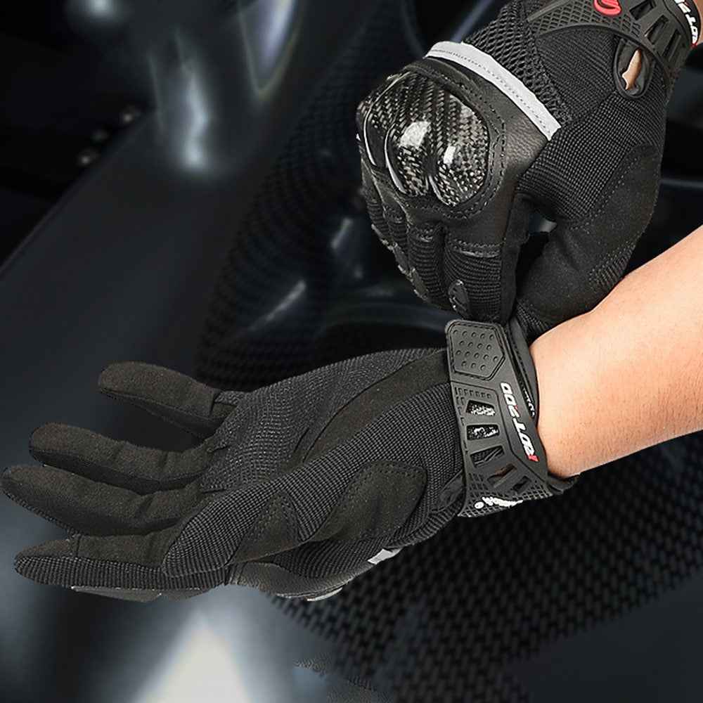 RIDING TRIBE MCS-56 Carbon Fiber Texture Glass Fiber Motorcycle Riding Full Finger Gloves Knuckle Protection Touch Screen for Cycling Motorbike Sports - Black/XXL