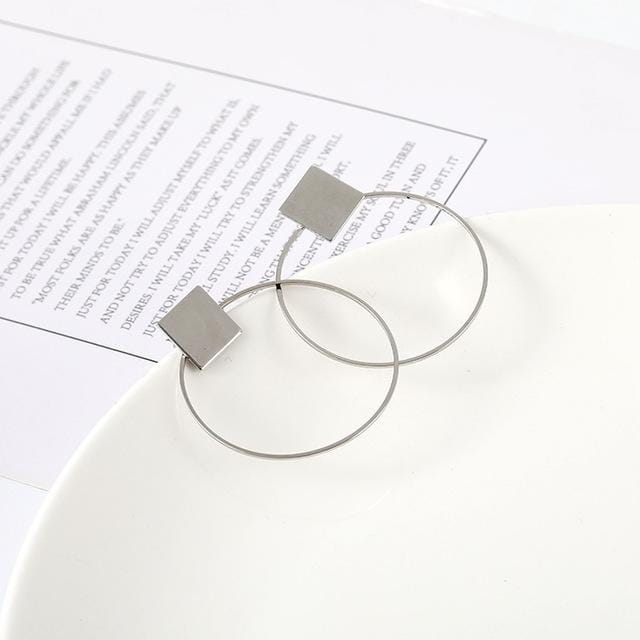 Simple Style Fashion Earrings Women Square Round Geometric Hanging Earrings (Silver)